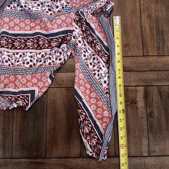 Knox Rose Womens Top XL Maroon Chevron Floral Boho Smocked Off The Shoulder Crop - Picture 6 of 7